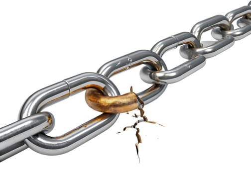 Broken Chain Link Symbolizing Weakness Failure and Disruption Metal Chain with a Cracked Link
