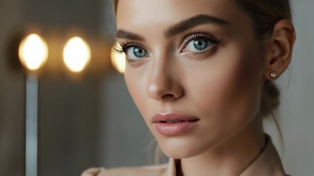 Captivating portrait of a woman with striking blue eyes. Her gaze is direct, and her complexion radiates a natural glow