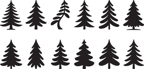 Obraz premium Christmas tree silhouette clipart set. Black Christmas tree drawing clip art collection in white background for xmas season pine tree flat icon decoration vector illustration