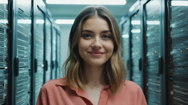 A smiling woman stands confidently in a server room, surrounded by technology and data centers. Her expression radiates competence and expertise. 
