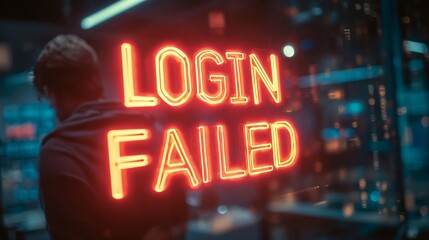 A back view of a person in a hoodie, illuminated by a glowing 'LOGIN FAILED' sign in a dark, tech-themed environment.