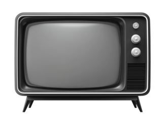Retro black television set with gray screen display and control knobs, isolated on transparent background