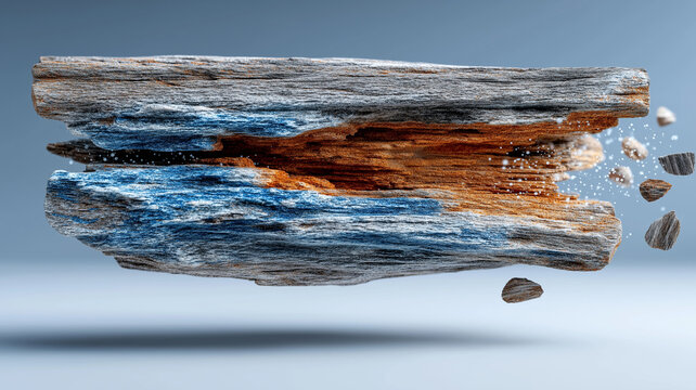 Weathered driftwood plank with blue and orange hues appears to be breaking apart, surrounded by small debris, against soft blue background