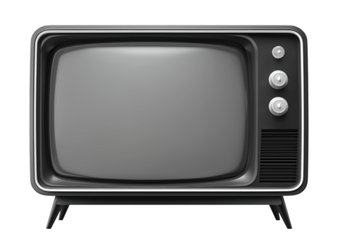 Retro black television set with gray screen display and control knobs, isolated on transparent background