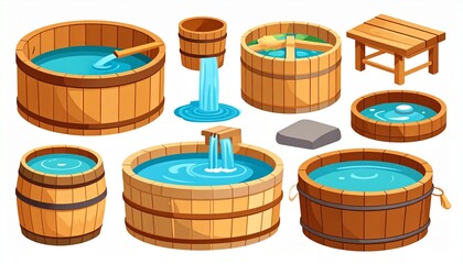 Naklejka premium Japanese hot spring elements vector illustrations set. Collection of cartoon drawings
