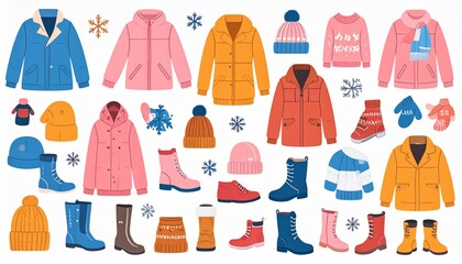 Winter clothes, shoes and accessories vector illustrations set. Cartoon drawings 