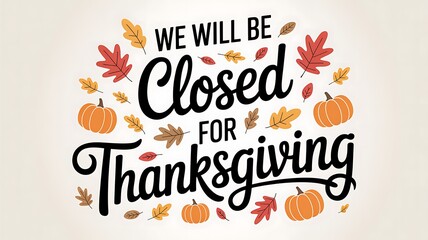 We will be closed for thanksgiving holiday announcement with autumn leaves pumpkins and festive fall decorations