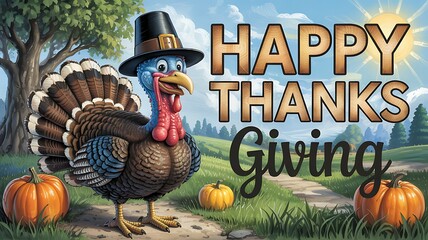 Happy thanksgiving cartoon turkey wearing a top hat stands in a field with pumpkins and trees in the background