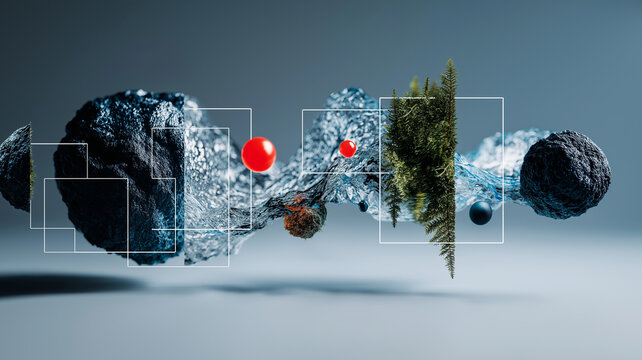 Surreal composition featuring abstract geometric shapes, floating rocks, and natural elements like trees and spheres, set against gradient background. scene evokes sense of mystery and creativity - Powered by Adobe