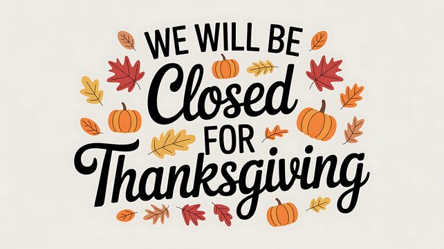 Decorative we will be closed for thanksgiving text art with pumpkins and autumn leaves for holiday signage and announcements - Powered by Adobe
