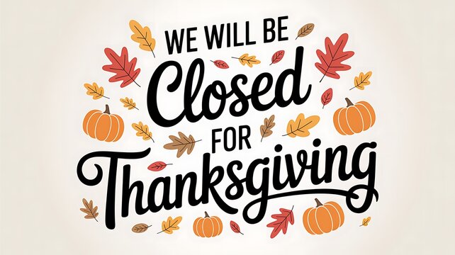 We will be closed for thanksgiving holiday announcement with autumn leaves pumpkins and festive fall decorations