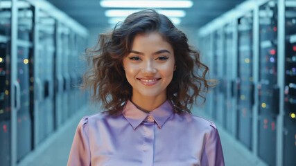An elegant woman stands confidently in a futuristic server room setting, radiating poise and intelligence. The sleek technology creates a captivating backdrop to her composed presence. - Powered by Adobe
