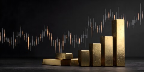 Golden bullion bars ascending beside a dynamic stock market chart illustrating financial growth and investment potential