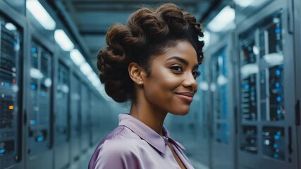 A confident professional woman poses within a high-tech server room, exuding intelligence and expertise, surrounded by cutting-edge technology - Powered by Adobe