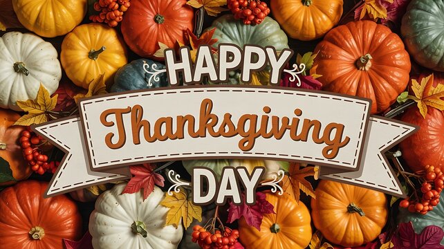 A vibrant and abundant arrangement of colorful pumpkins and fall foliage with a festive happy thanksgiving day banner
