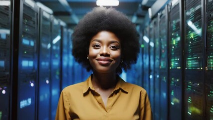 A data center technician, smiling confidently, stands within a server room - Powered by Adobe