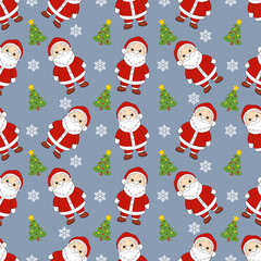 Seamless christmas pattern with cartoon santa claus and snowflakes.