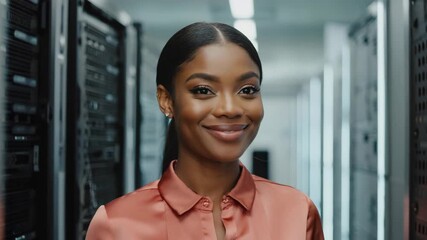 A confident woman smiles radiantly, showcasing her expertise in a modern data center - Powered by Adobe