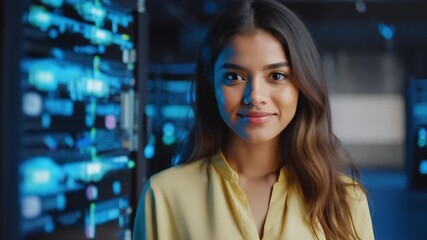 A young woman in a data center, looking straight to the camera with confidence. A young woman is standing with some background of computer servers - Powered by Adobe