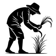 Farmer harvesting rice with sickle silhouette. Agricultural worker cutting wheat grain crops in field.
