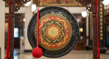 Ornate Traditional Gong with Intricate Gold and Red Patterns Suspended in a Wooden Frame, a Symbol of Eastern Cultural Music and Heritage