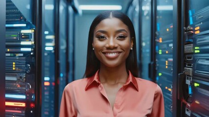 A confident woman standing in front of a server room with a warm smile on her face - Powered by Adobe