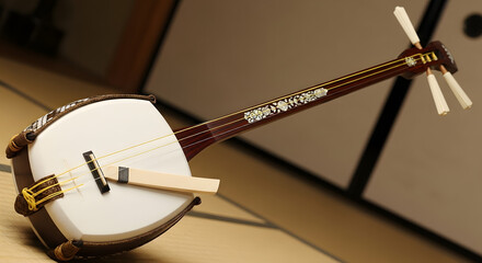 Detailed Shot of a Traditional Japanese Shamisen, A Three-Stringed Musical Instrument