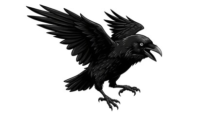 A detailed monochrome illustration of a black raven mid-flight, wings spread wide