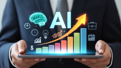 Glowing, and colorful holographic display is emanating from the screen, featuring the large 'AI' and a prominent orange upward arrow tracing over a rising bar graph, symbolizing business growth.