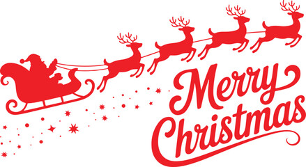 Merry Christmas banner. Silhouette Santa Claus in sleigh with deers flying on stars background. Design elements for decoration holiday poster, flyer, greeting card. Cartoon style. Vector illustration