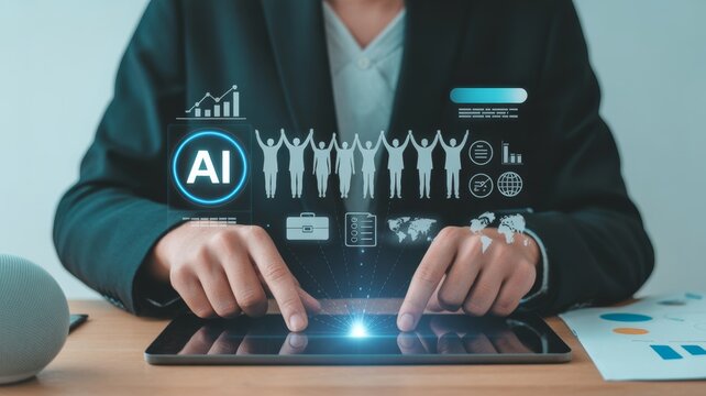 A glowing, white holographic projection 'AI' hovers above a silhouette of a cheering team or diverse group of people with arms raised, symbolizing AI-driven employee empowerment, team success.