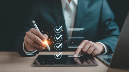 Business professional in a dark suit and white shirt, sitting at a modern desk and using a digital stylus to interact with a virtual checklist displayed in the air above a tablet.