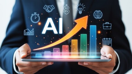 Glowing, and colorful holographic display is emanating from the screen, featuring the large 'AI' and a prominent orange upward arrow tracing over a rising bar graph, symbolizing business growth.