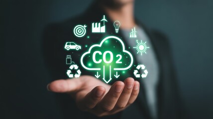 A glowing green holographic cloud with the text 'CO2' and downward arrows is displayed above the palm, symbolizing carbon footprint reduction, CO2 capture, or climate change action. 