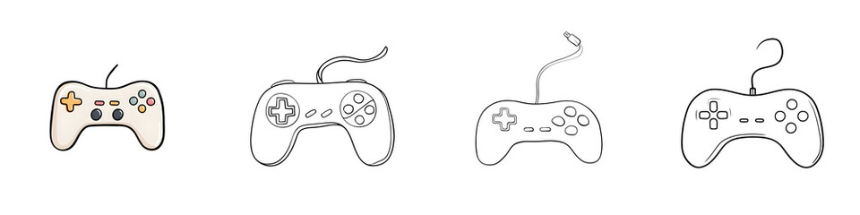 Obraz premium Collection of Hand-Drawn Game Controller Illustrations on White Background