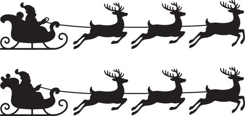 Santa Claus sleigh with reindeer. Christmas deer black silhouette vector set isolated on transparent background.