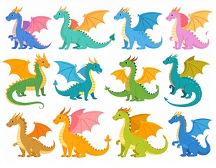 Magic dragons. Fantasy funny creatures, big flying fairy animals, fire-breathing lege