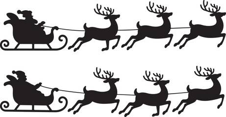 Santa Claus sleigh with reindeer. Christmas deer black silhouette vector set isolated on transparent background.