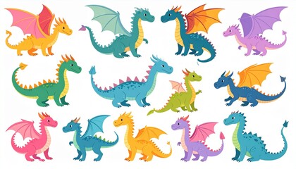 Magic dragons. Fantasy funny creatures, big flying fairy animals, fire-breathing lege