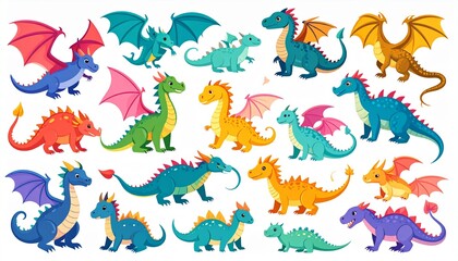 Obraz premium Magic dragons. Fantasy funny creatures, big flying fairy animals, fire-breathing lege