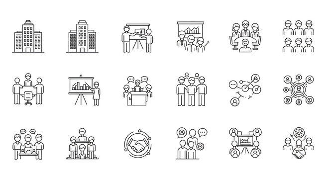 A comprehensive set of outline icons illustrating concepts of corporate governance, business management, and team collaboration