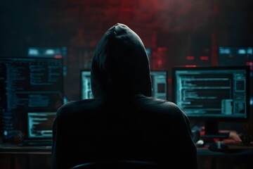 Anonymous individual in a dark room surrounded by glowing computer screens displaying complex code and data streams