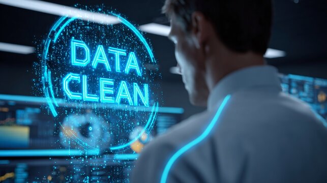 A focused male technician analyzing data in a futuristic lab, illuminated by vibrant blue holographic displays.