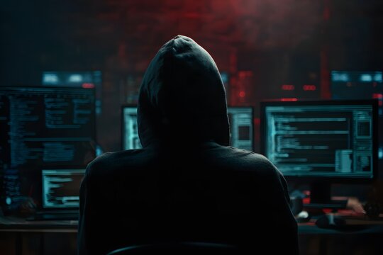 Anonymous individual in a dark room surrounded by glowing computer screens displaying complex code and data streams - Powered by Adobe