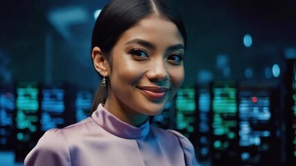 Smiling woman in a futuristic technology environment, exuding confidence and sophistication - Powered by Adobe