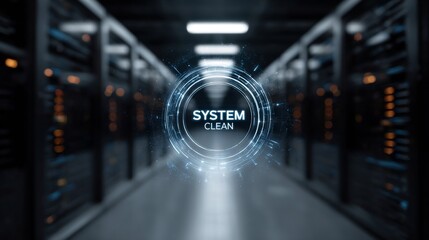 A digital display indicating 'System Clean' in a modern data center filled with server racks.