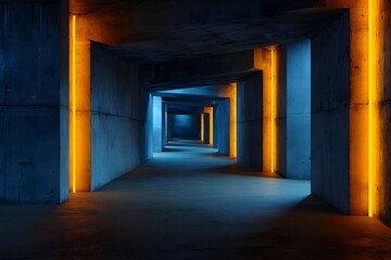 Obraz premium Illuminated architectural corridor with striking orange and blue lights creating a futuristic and modern ambiance