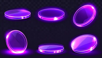 3d glass disk shape hologram effect. Render abstract neon pink blue coin set. 