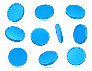 3d realistic blue metal coins in different views rotating vertically and horizontally