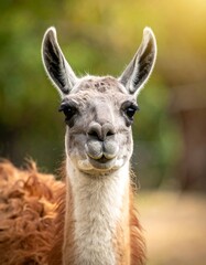 A detailed portrait of a llama, its face centered against a blurred, sunlit green background